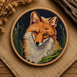 May include: A circular embroidery hoop art piece featuring a detailed thread-stitched fox with orange, white, and black fur on a dark navy blue background. The fox is surrounded by embroidered green grass blades, framed by a twisted tan rope border.