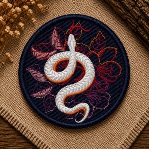 White Snake Floral Patch Embroidery Design, Gothic Serpent Applique (4x4 Hoop)