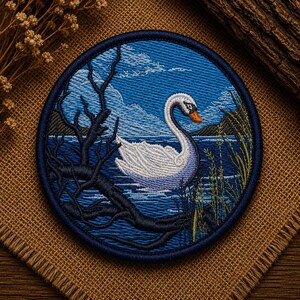 May include: A circular embroidered patch featuring a white swan swimming on a blue lake. The scene includes a dark, leafless tree branch in the foreground, green reeds on the right, and a background of blue mountains under a cloudy sky.