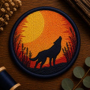 May include: A circular embroidered patch featuring a black silhouette of a wolf howling at a large yellow sun against an orange and red gradient sky. The design includes dark silhouettes of tall grass and is framed by a thick, dark navy blue border.