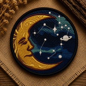 May include: A circular embroidered patch featuring a golden crescent moon with a face on the left side, set against a dark blue night sky background. The design includes white stitched constellations, a small planet with rings, and a black border.