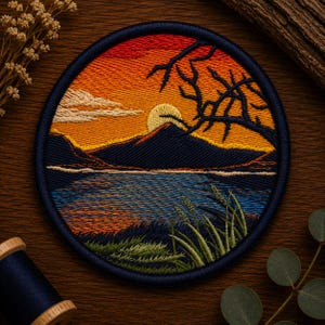 May include: A circular embroidered patch featuring a landscape scene with a sunset over mountains and a lake. The design includes a bright yellow sun, orange and red sky, dark blue mountains, a reflective blue lake, and green grass in the foreground.