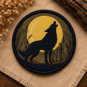 May include: A circular embroidered patch featuring a black wolf silhouette howling at a large, bright yellow full moon. The design includes dark green grass and reeds in the foreground, all enclosed within a thick, dark navy blue stitched border.