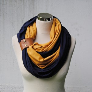 Mustard and Navy Infinity Scarf, Scarf with a cuff, Double Circle Scarf, Dark Blue and Honey Jersey infinity Scarf