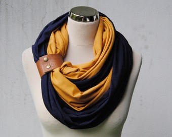 Mustard and Navy Infinity Scarf, Scarf with a cuff, Double Circle Scarf, Dark Blue and Honey Jersey infinity Scarf