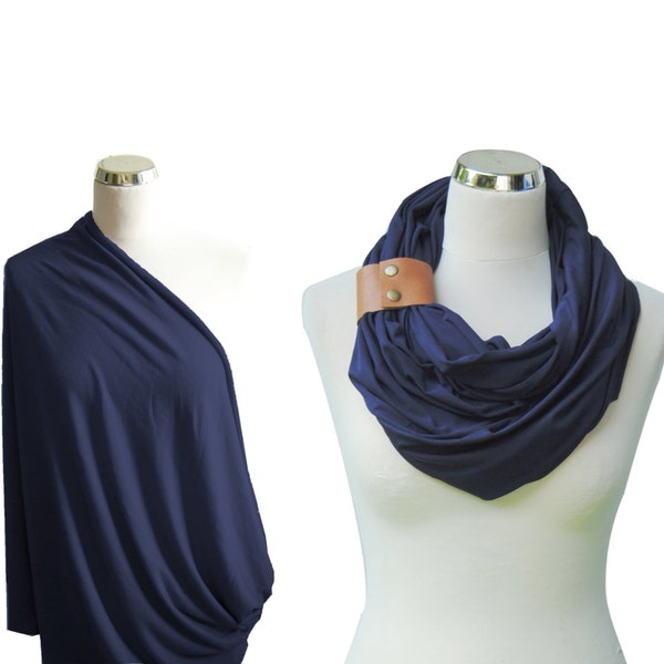 Navy Nursing cover with a leather cuff, Nursing scarf with a cuff, Breastfeeding Cover, Nursing Infinity Scarf, baby shower gift