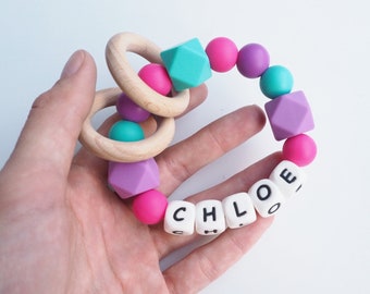 Personalized Baby Rattle: Silicone Sensory Toy, Newborn Gift