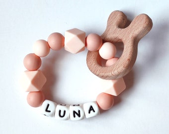 Personalized sensory toy baby name gift baby shower, custom newborn gift christening, baby first toy, keepsake rattle, bunny toy
