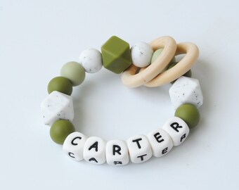 Personalized Silicone Baby Rattle: Montessori Sensory Ring Toy