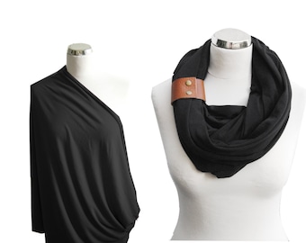 Black Nursing Scarf with leather cuff, Nursing Cover, Breastfeeding Cover, Nursing Infinity Scarf, baby shower gift