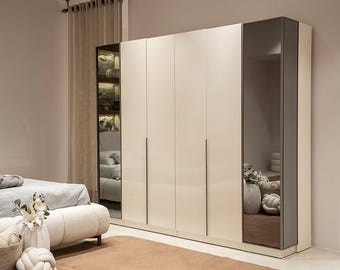 Vena 6-türiger Kleiderschrank, Premium MDF-Holzschrank mit LED-Leuchten, moderner Schlafzimmer-Schrank mit Kleiderstangen, Regalen und Schubladen