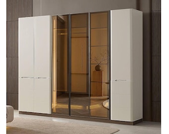 Fega 6 Door Wardrobe, Premium MDF Wooden Armoire with LED Lights, Modern Bedroom Storage Cabinet with Hanging Rails Shelves and Drawers