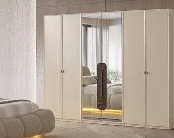 Modular 6 Door Wardrobe with LED, Large Wooden Armoire with Pants Rack Drawers Shelves, Modern Bedroom Clothing Storage Closet, Craw