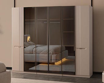 Oliver 6 Door Large Wardrobe Closet, Modern MDF Wooden Armoire with LED Lights, Spacious Bedroom Storage Cabinet with Shelves and Drawers