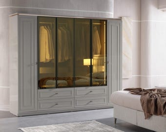 Modern 6 Door Glass Wardrobe, Luxury Bedroom Closet with Soft Close, Large Clothing Storage Cabinet, Sleek Armoire, Contemporary Dresser