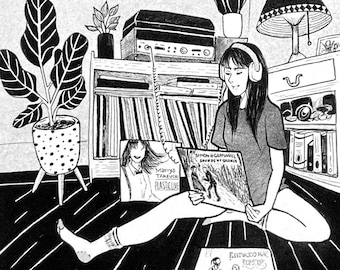 Art print "LP Girl" / Printed black and white Illustration / A6