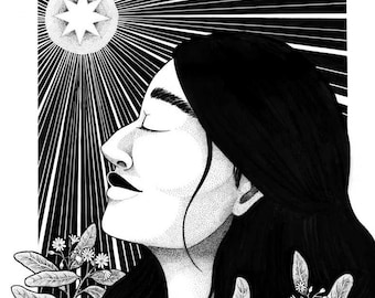 Art print "Mujer wallmapu" / Black and White Printed Illustration / A4