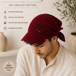 May include: A deep red crochet bandana cap with a visor and tie-back closure. The image includes text: Crochet Bandana Cap, PDF CROCHET PATTERN, INSTANT DOWNLOAD, ENGLISH PDF PATTERN, STEP-BY-STEP INSTRUCTIONS, PRINTABLE PATTERN, and 100% HANDMADE.