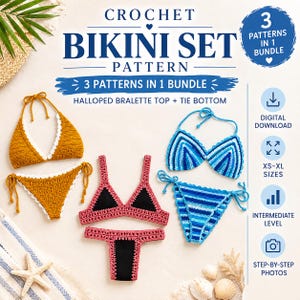 3 in 1  bundle Scalloped Crochet Bikini Pattern, Bikini Top , Adjustable Triangle Bikini Cups, Tie Side Swimwear , Seaside Bikini Set PDF
