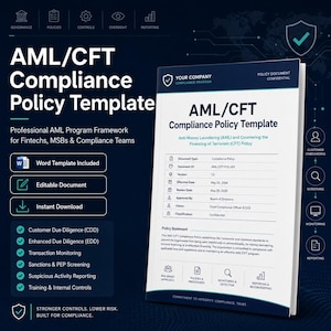 Peut inclure: Un modèle de politique de conformité AML/CFT avec une couverture bleu foncé et blanche. Le texte inclut 'AML/CFT Compliance Policy Template', 'Anti-Money Laundering (AML) and Countering the Financing of Terrorism (CFT) Policy' et divers détails de conformité.
