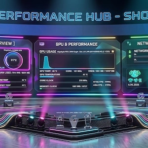 Könnte beinhalten: Ein digitales Display mit dem Titel GIGABYTE PERFORMANCE HUB - SHOWCASE 2026, das drei Panels mit Systemübersicht, GPU-Leistung und Netzwerkdaten zeigt, ergänzt durch neonfarbene Lichtakzente und futuristische Roboterfiguren.
