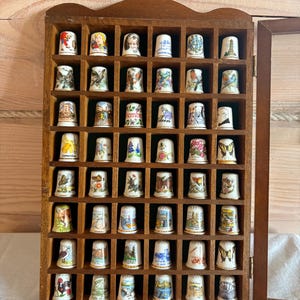 Vintage Collection of 42 Porcelain Thimbles in Wooden Display Case with Glass Door, Souvenir Birchcroft & Heritage Bone China Thimbles Set