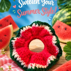 May include: A round, crocheted hair scrunchie featuring a watermelon-inspired design with a bright red centre, a thin white middle ring, and a dark green outer edge. The text "Sweeten Your Summer Style!" is printed in white and pink above the item.