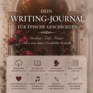 Romantasy Journal digital PDF ausdruckbar, Fantasy Workbook, Planner für Charaktere, Plot, Welt, Hilfe bei Schreibblockaden, Kreativübungen
