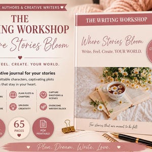 Könnte beinhalten: Ein kreatives Journal mit dem Titel The Writing Workshop Where Stories Bloom. Das Cover enthält Text, Symbole für Charakterentwicklung und Handlungsplanung sowie ein Foto eines Buches mit Gänseblümchen und einer Teetasse. Es umfasst 65 Seiten und ist als PDF verfügbar.