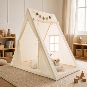 以下が含まれることがあります： クリーム色のA型プレイテント。屋根にはタッセルガーランドが飾られ、前面のフラップは両サイドに結び付けられています。側面には窓枠があり、内部には柔らかいフロアマットと羊のぬいぐるみが置かれています。