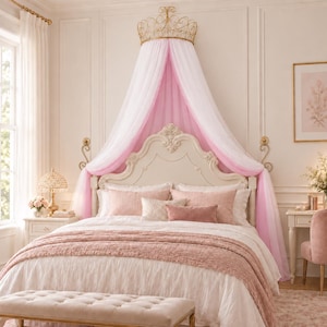 Princess Bed Canopy with Gold Crown, Blush Pink Sheer Canopy Curtain, Romantic Girls Bedroom Decor