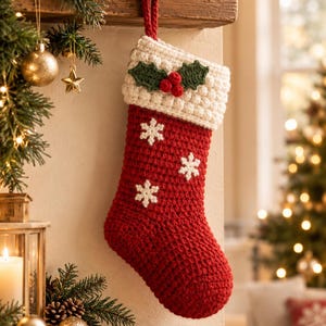 以下が含まれることがあります： 赤いかぎ針編みのクリスマスストッキング。白いカフス部分は質感のあるボブルステッチで編まれており、3つの赤いベリーと2枚の緑の葉のモチーフが飾られています。赤い本体には、3つの白いかぎ針編みの雪の結晶のモチーフがあしらわれています。