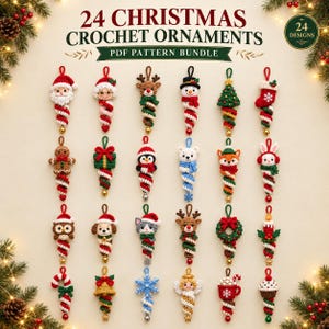 May include: A collection of 24 Christmas crochet ornaments displayed in a grid. Each ornament features a unique character or festive symbol attached to a spiraled, candy-cane-colored base. The text 24 CHRISTMAS CROCHET ORNAMENTS PDF PATTERN BUNDLE is visible at the top.