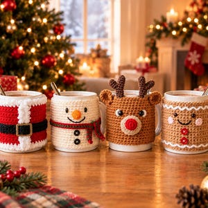 Juego de 4 patrones de ganchillo para fundas de tazas navideñas: Descarga digital en PDF