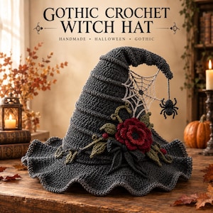 May include: A dark gray crochet witch hat featuring a wide, wavy brim and a pointed crown. The hat is decorated with a crocheted red rose, green leaves, a white spiderweb, and a small black spider hanging from the tip of the crown.