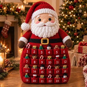 May include: A crocheted Santa Claus advent calendar featuring a red suit, a white beard, and a black belt with a gold buckle. The front displays twenty-four numbered red pockets, each containing a small crocheted holiday ornament like a tree, snowman, or candy cane.