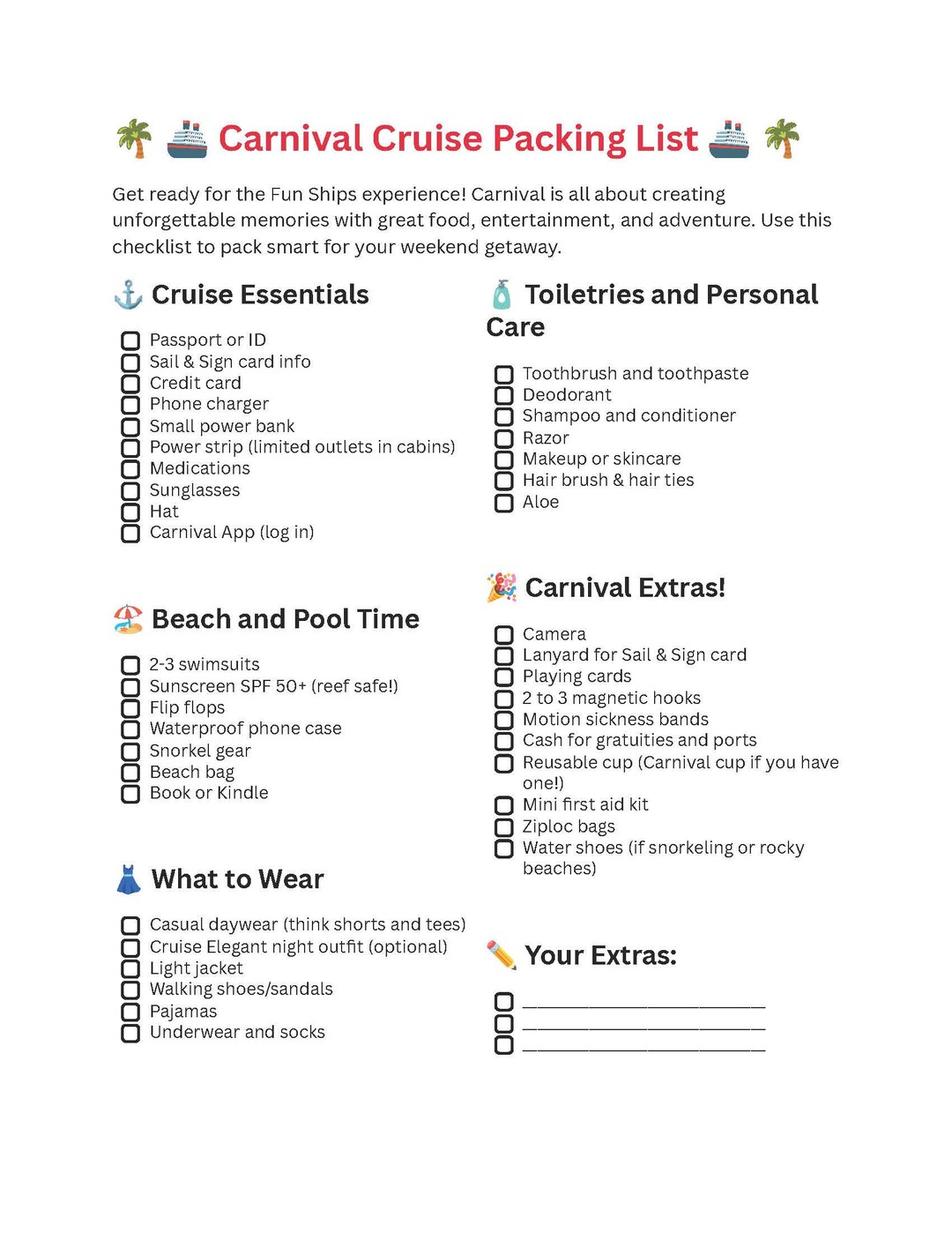 3 Day Carnival Cruise Packing List - Etsy