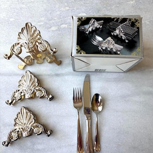Vintage Ornate Silverplated Utensil Buffet Caddy Servers - Set of 3, Holds 12 each of Forks, Knives, and Spoons