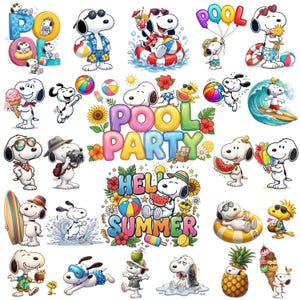 May include: A collection of Snoopy and Woodstock illustrations featuring summer themes like pool parties, surfing, beach balls, ice cream, and tropical fruits. The text POOL PARTY and HELLO SUMMER appear in colourful, bubble-style lettering throughout the design.