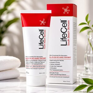 K&ouml;nnte beinhalten: Eine wei&szlig;e und rote LifeCell South Beach Skincare Tube mit passender Schachtel. Die Verpackung enth&auml;lt schwarzen Text mit der Aufschrift All-In-One Anti-Aging Treatment, Multi-Acting Anti-Wrinkle, Intensive Firming, Cellular Hydration und Net wt. 72g.