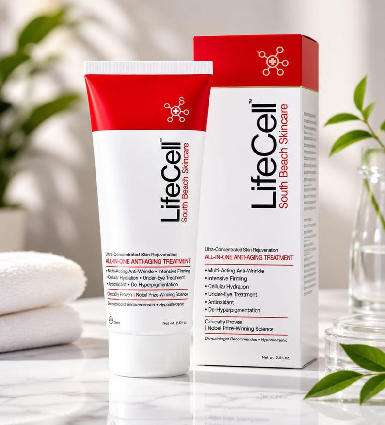 K&ouml;nnte beinhalten: Eine wei&szlig;e und rote LifeCell South Beach Skincare Tube mit passender Schachtel. Die Verpackung enth&auml;lt schwarzen Text mit der Aufschrift All-In-One Anti-Aging Treatment, Multi-Acting Anti-Wrinkle, Intensive Firming, Cellular Hydration und Net wt. 72g.