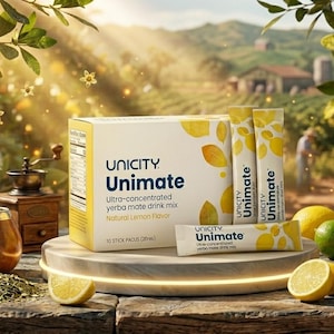 May include: A white box of Unicity Unimate ultra-concentrated yerba mate drink mix with natural lemon flavor, accompanied by three matching individual stick packets, a brown gourd with a metal straw, and fresh lemons on a stone surface.