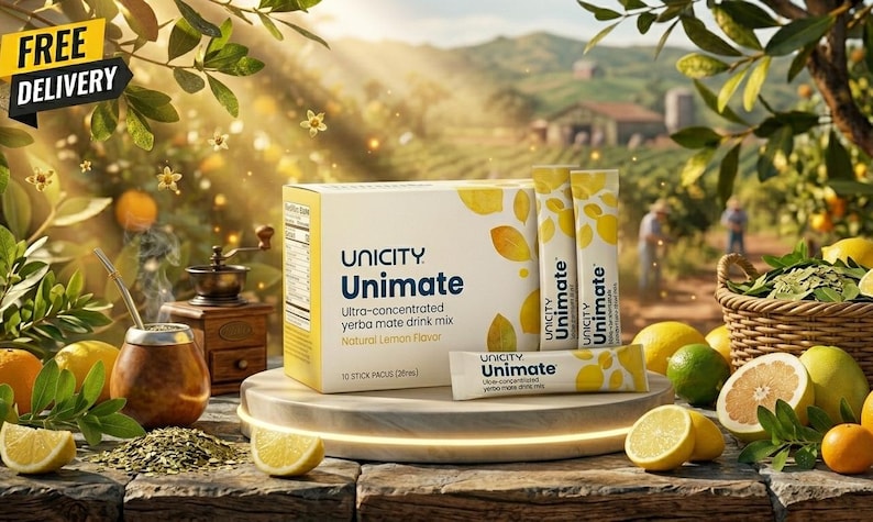 May include: A white box of Unicity Unimate ultra-concentrated yerba mate drink mix with natural lemon flavor, accompanied by three matching individual stick packets, a brown gourd with a metal straw, and fresh lemons on a stone surface.