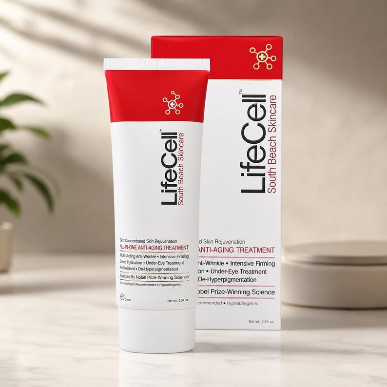 K&ouml;nnte beinhalten: Eine wei&szlig;e und rote Tube sowie die passende rechteckige Schachtel der LifeCell South Beach Skincare Anti-Aging-Behandlung. Die Verpackung enth&auml;lt schwarzen Text zu Hautverj&uuml;ngung, Anti-Falten- und Straffungseffekten mit einem Nettogewicht von 72g.