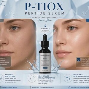 May include: A bottle of SkinCeuticals P-TIOX peptide serum with a black dropper cap, displayed between before and after facial images. The label text reads P-TIOX, Wrinkle Modulating Peptide Serum, 30 ml / 1 fl oz, and Correct. Includes icons and text.