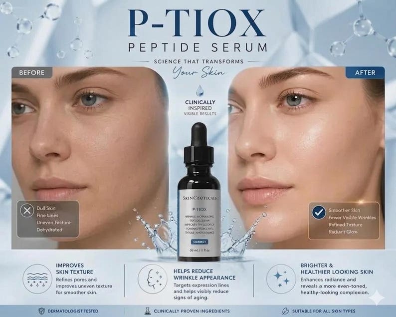 May include: A bottle of SkinCeuticals P-TIOX peptide serum with a black dropper cap, displayed between before and after facial images. The label text reads P-TIOX, Wrinkle Modulating Peptide Serum, 30 ml / 1 fl oz, and Correct. Includes icons and text.