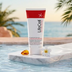 K&ouml;nnte beinhalten: Eine wei&szlig;e und rote LifeCell South Beach Skincare Tube mit dem Text All-In-One Anti-Aging Treatment, Ultra Concentrated Skin Rejuvenation und einem Nettogewicht von 72g. Die Tube steht neben einem bernsteinfarbenen Stein und einer wei&szlig;en Blume.