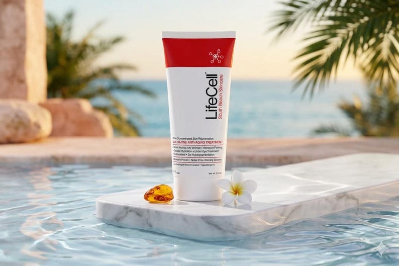 K&ouml;nnte beinhalten: Eine wei&szlig;e und rote LifeCell South Beach Skincare Tube mit dem Text All-In-One Anti-Aging Treatment, Ultra Concentrated Skin Rejuvenation und einem Nettogewicht von 72g. Die Tube steht neben einem bernsteinfarbenen Stein und einer wei&szlig;en Blume.