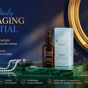 May include: A brown glass dropper bottle labeled P-TIOX next to its light blue box, both featuring gold text. A string of white pearls and two rings rest on a green marble surface. The background displays gold circular framing and purple orchids.