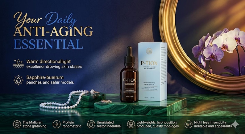 May include: A brown glass dropper bottle labeled P-TIOX next to its light blue box, both featuring gold text. A string of white pearls and two rings rest on a green marble surface. The background displays gold circular framing and purple orchids.